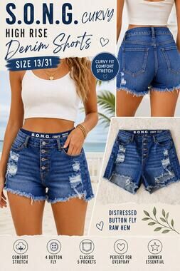 S.O.N.G Curvy High Rise Distressed Denim Shorts Button Fly Size 13 31